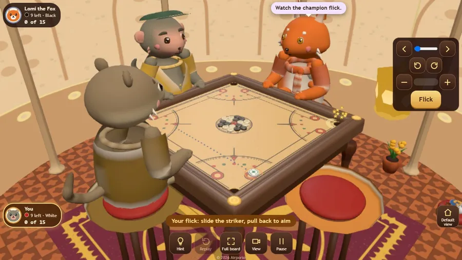 Table view of a doubles game: four animals around the carrom board on turned legs in a veranda with lanterns.