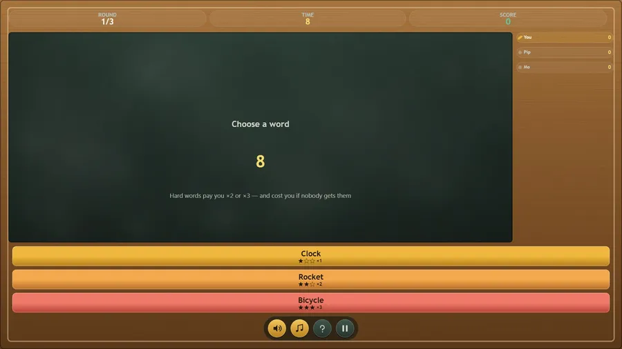 Choosing a word: Clock (one star), Rocket (two) or Bicycle (three); hard words pay more but cost you if missed