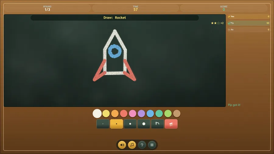 Drawing Rocket, a two-star word: a white rocket with a blue window and red fins in grainy chalk