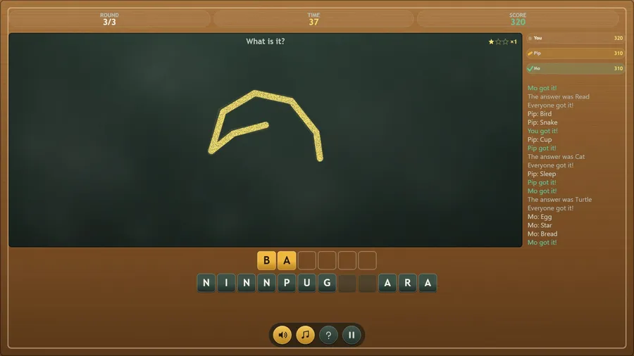 Round 3 of 3, guessing a half-drawn yellow banana: B and A placed in six slots above spare letter tiles