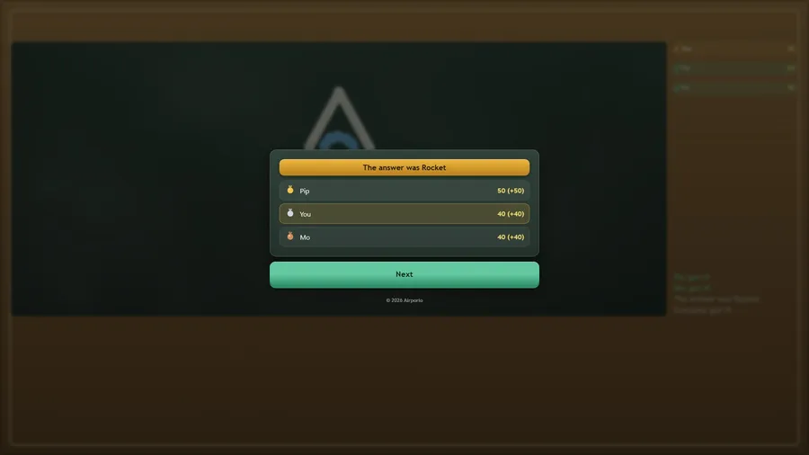 Turn results: The answer was Rocket, with Pip on 50, You on 40 and Mo on 40, above a green Next button