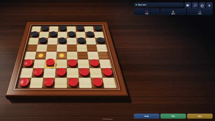A red piece selected on the walnut board, with glowing dots marking the two squares it can move to.