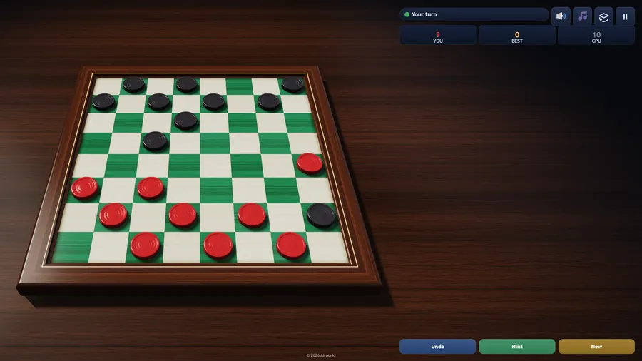The emerald board theme, a green and cream checkerboard with the game well underway.