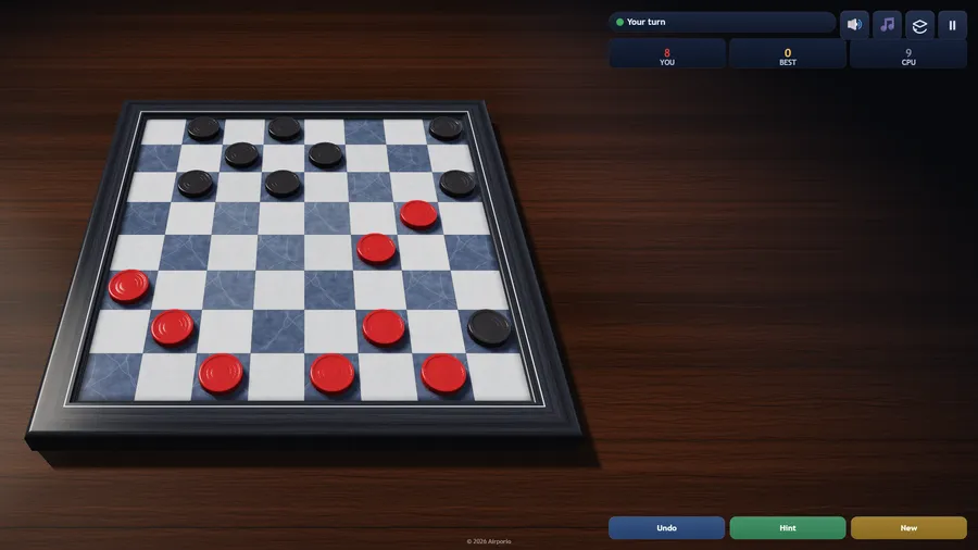 The slate board theme in blue-grey marble, with the piece count at 8 for red against 9 for black.