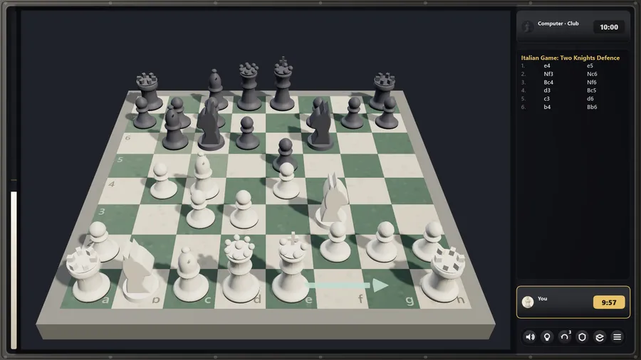 3D board mid-game against Computer · Club, clocks at 10:00 and 9:57, and an Italian Game: Two Knights Defence move list