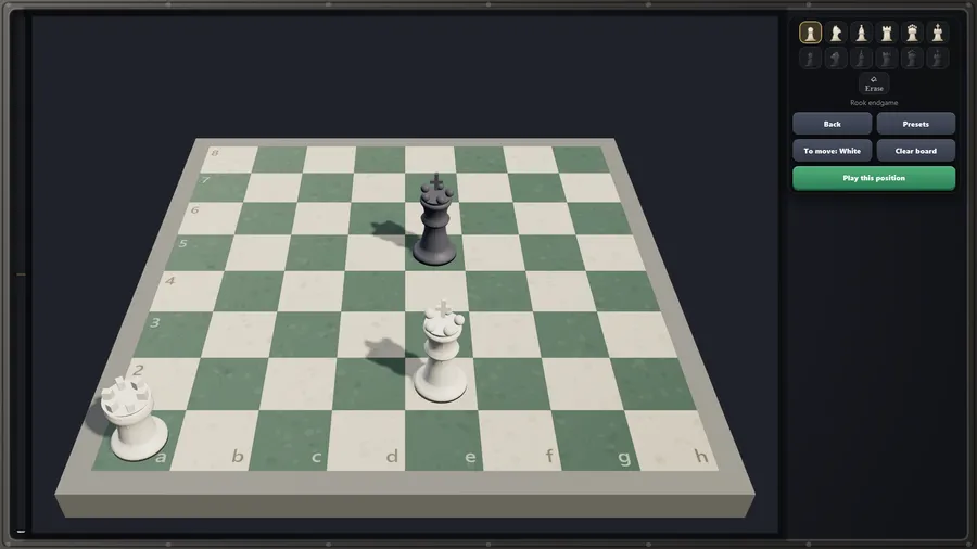 Position Editor with white king and rook against a lone black king, a piece palette, Presets and Play this position