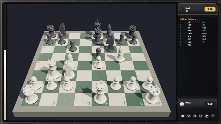Midgame in the Philidor Defence, nine moves in, with a bishop and queen active and the move list at right.