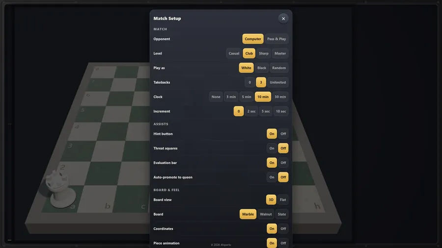 Match Setup: Computer at Club level, White, 3 takebacks, a 10 min clock, assists, a 3D Marble board and Start match