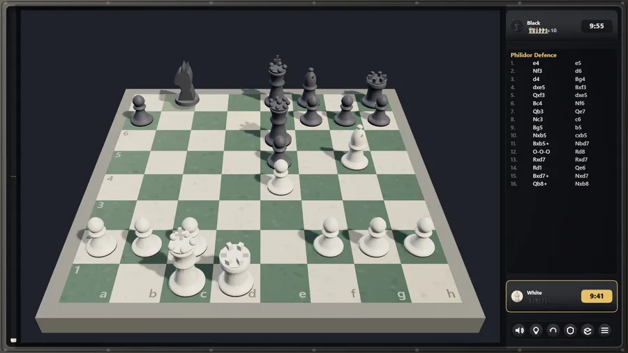 An attack late in the game: white pieces press on the black king with a sixteen-move list at right.