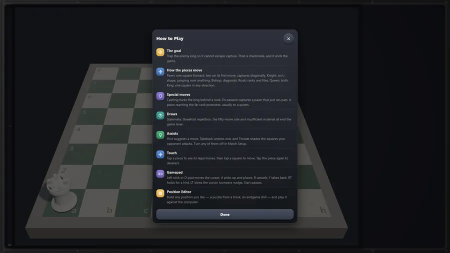 How to Play panel: the goal, how the pieces move, special moves, draws, assists, touch, gamepad and Position Editor