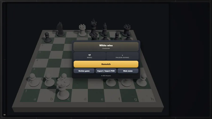 The result card "White wins - Checkmate" after 17 moves, with Rematch, Review game and Main menu.