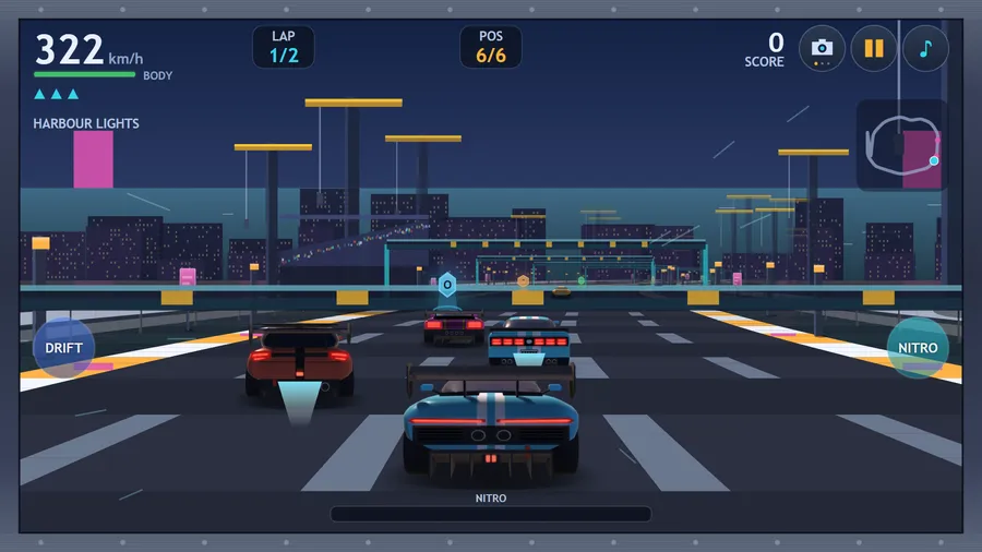 Chase view: a blue sports car behind two rivals on a neon harbour highway at 322 km/h, lap 1/2, sixth of six