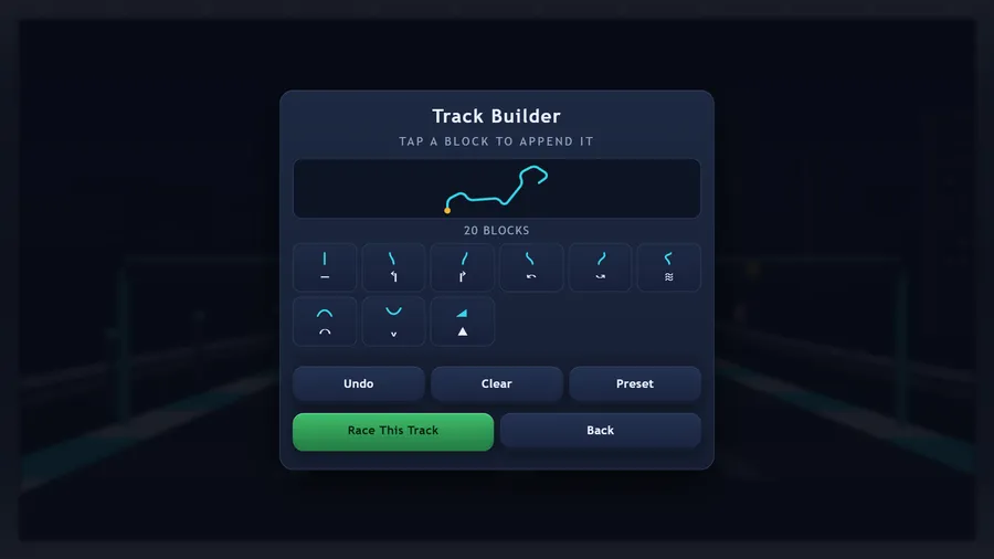 Track Builder: a preview of the 20-block circuit over rows of straight, corner and ramp tiles, with Race This Track