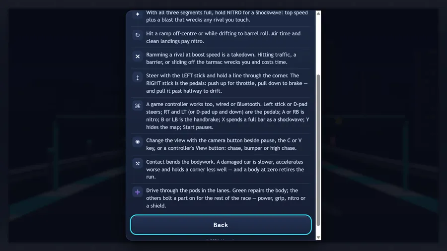 How to Play, scrolled to its last lines: the controller map, the camera line (chase, bumper or high chase), damage and pods