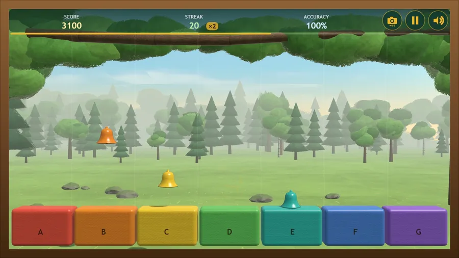 Melody, Glade view: bells fall onto seven painted keys A to G in a birch and spruce wood; score 3100, streak 20 at ×2