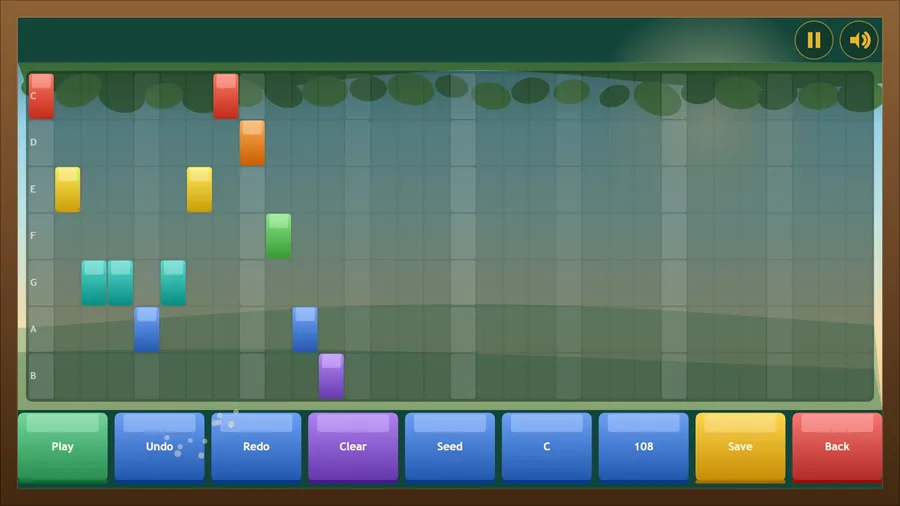 Studio note grid with coloured bells on rows C to B, above Play, Undo, Redo, Clear, Seed, C, 108, Save and Back