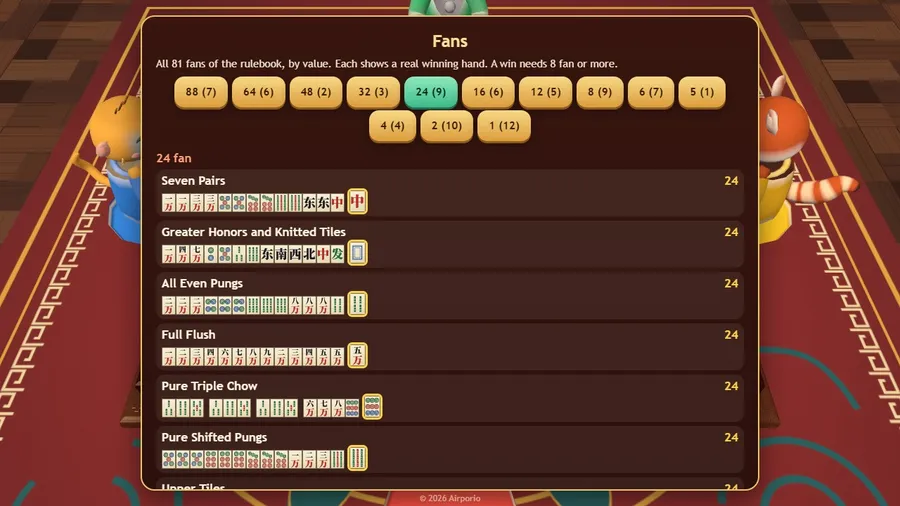 The Fan list: all 81 fans by value, each with a real winning hand drawn in tiles.