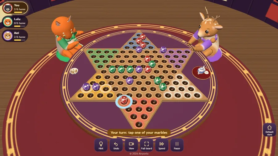 Mid-game with a hint highlighted: three players hopping marbles across the star board.