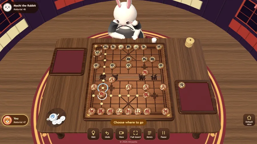 Early in a game as Red: a general piece selected, with gold dots showing where it can move and the opponent animal watching.