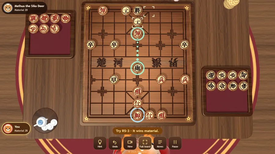 Mid-game with a hint highlighted by green rings, and the move written out as the reason it is good.