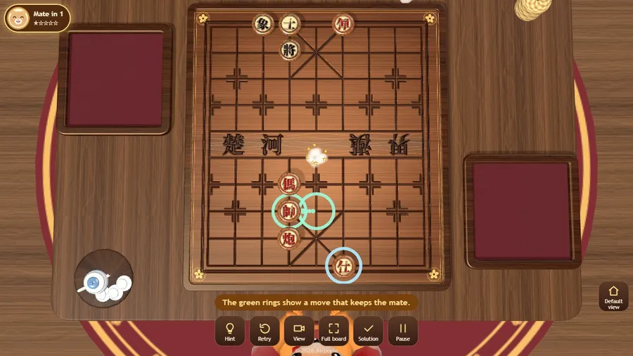 An endgame puzzle, mate in one, with the hint showing the single winning move on the board.