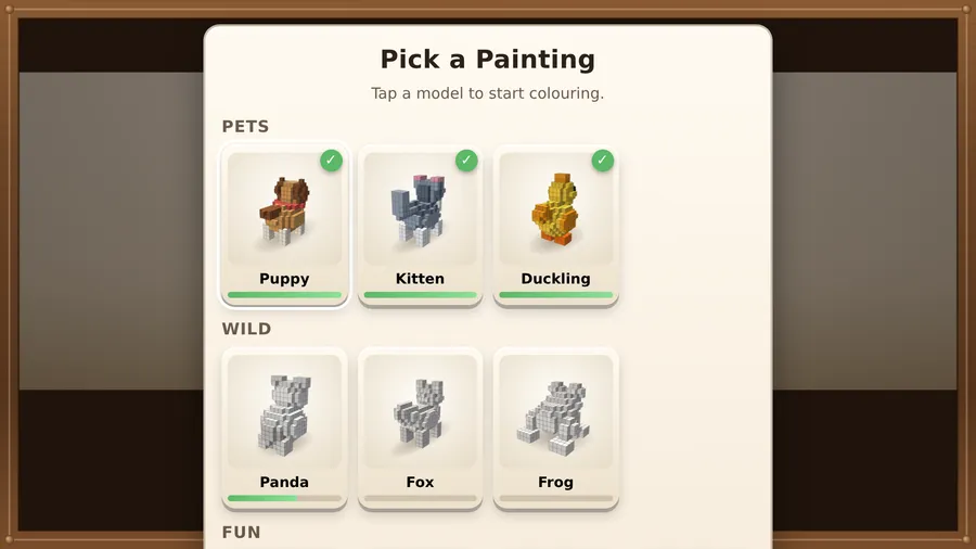 Pick a Painting: a finished Puppy, Kitten and Duckling under Pets, and a grey Panda, Fox and Frog under Wild