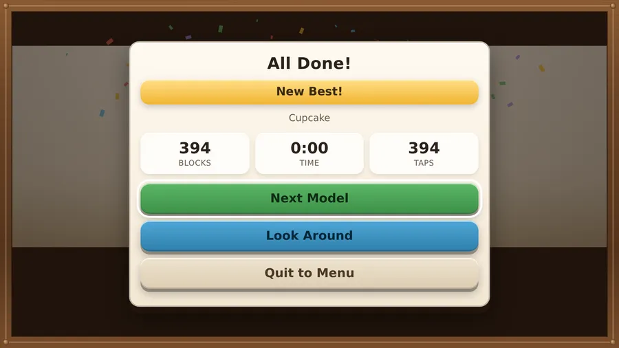 All Done! card for the Cupcake: New Best!, 394 blocks, time 0:00, 394 taps, then Next Model, Look Around, Quit to Menu