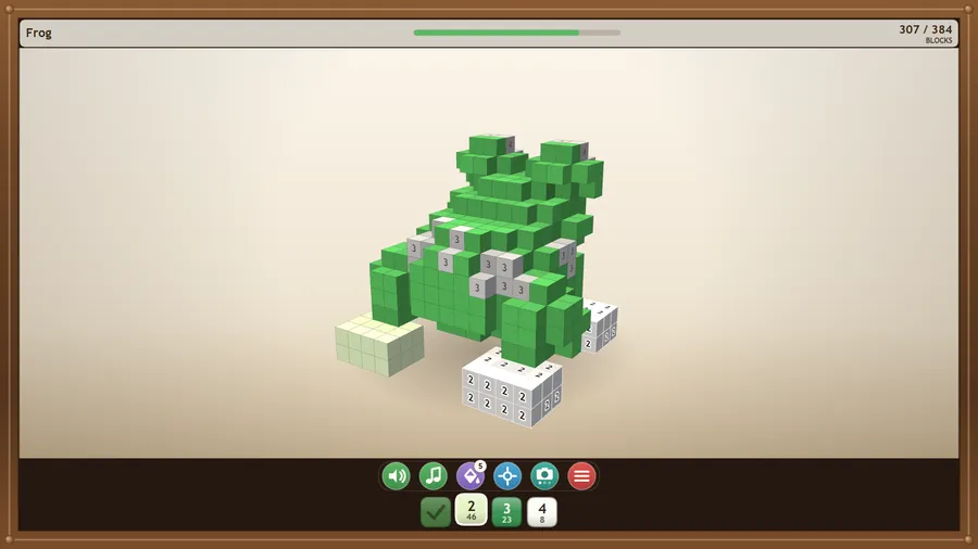 A green voxel frog mostly coloured, 307 of 384 blocks done, with the paint-pot palette below.