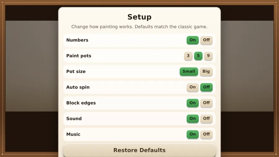 Setup panel: Numbers, Paint pots 3, 5 or 9, Pot size, Auto spin, Block edges, Sound and Music, and Restore Defaults