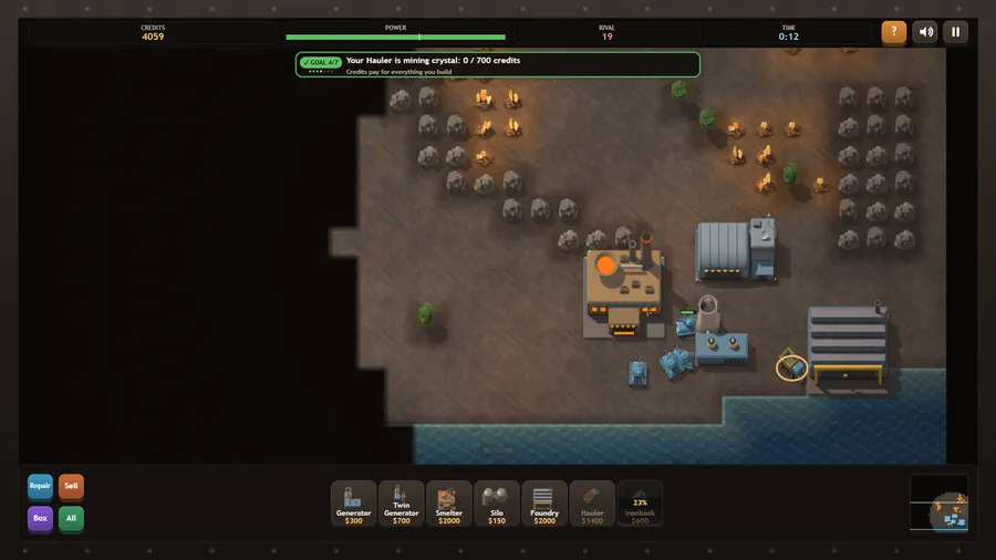 A lit base of depot, smelter, foundry and generator with four tanks and a hauler; 4059 credits, rival 19, 0:12