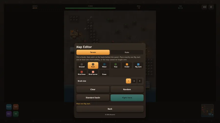 Map Editor, Terrain tab: brushes for ground, rock, water, tree, cinder, Rig start, rival base, rival turret and erase
