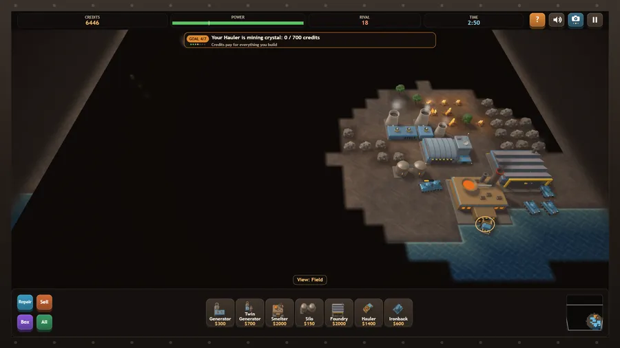 A built-up base seen in the angled Field view: generators, a smelter, silos and a foundry beside the water.