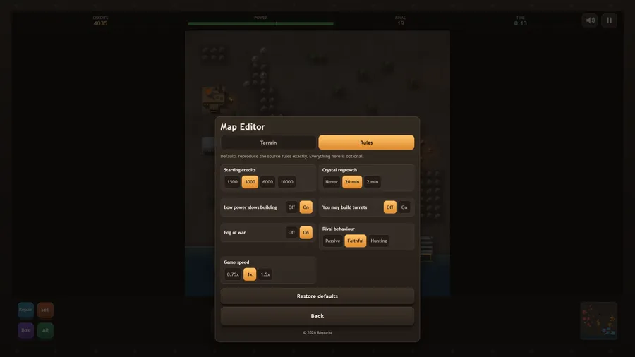 Map Editor, Rules tab: starting credits, crystal regrowth, low-power and turret switches, fog of war and game speed