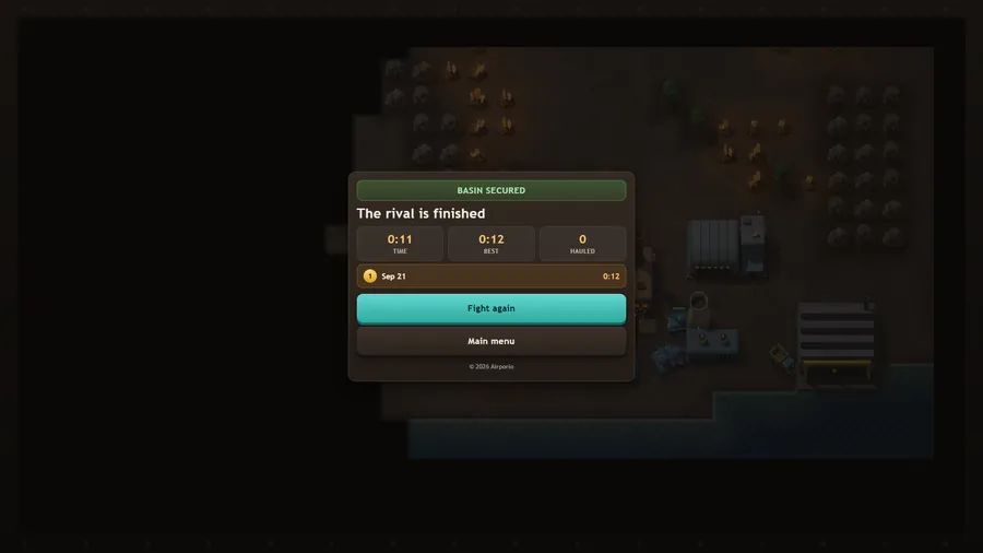 A BASIN SECURED card — The rival is finished — time 0:11, best 0:11, hauled 0, Fight again and Main menu