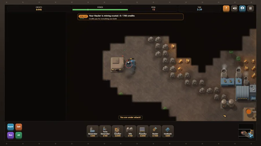 Blue Ironbacks fight a rival outpost in the west with muzzle flashes and an "under attack" warning.