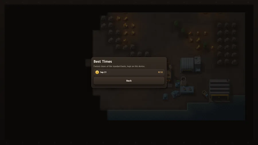 The Best Times panel — fastest clears of the standard basin, kept on this device — listing one clear on Sep 21 in 0:12