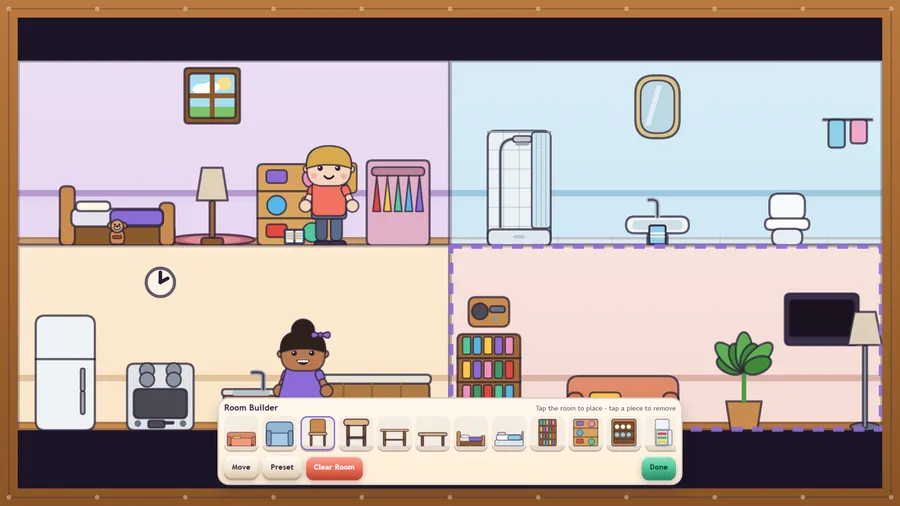 Room Builder over a four-room house: a dashed outline round the living room and a strip of twelve furniture pieces to place