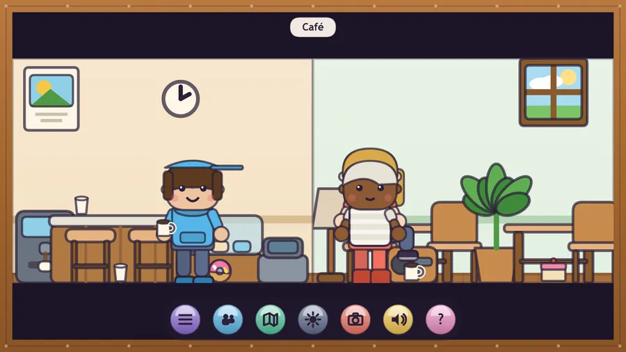 Café: a boy in a blue apron at the counter with a coffee machine and doughnut, a girl by the tables, and a button dock