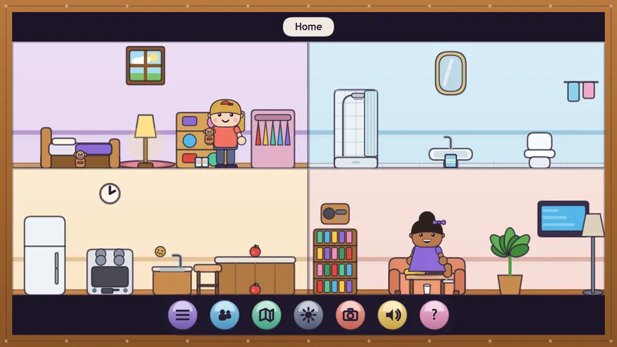 Home in four rooms: a child with a teddy in the bedroom, a bathroom, a kitchen with an apple, and a lit TV in the lounge