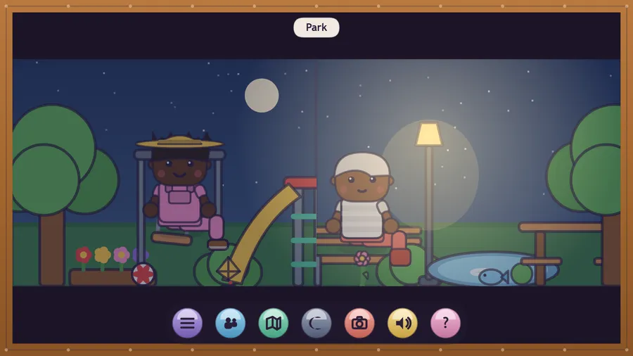 Park at night under a full moon: a child in a straw hat on the swing, another on a bench under a lit lamp, and a pond