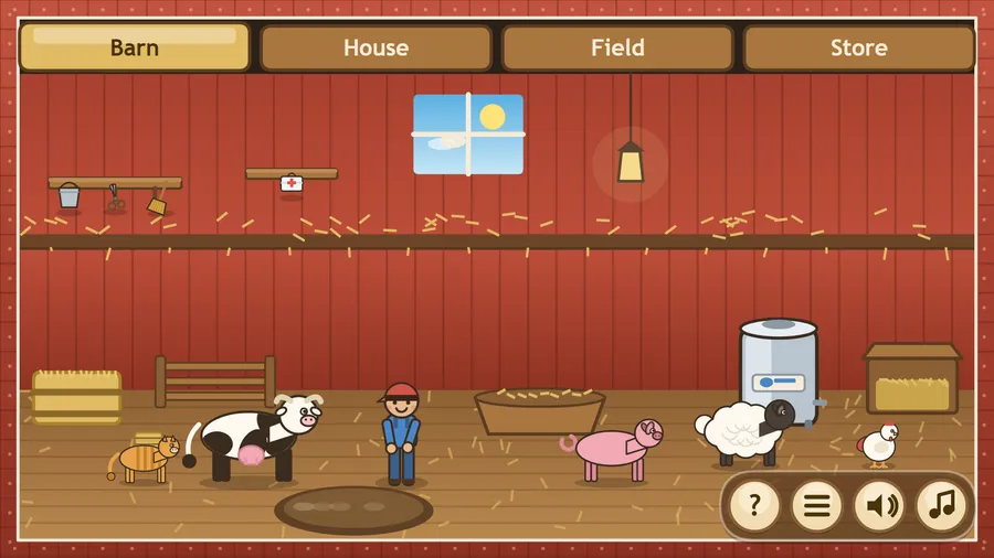 The barn: cat, cow, farmer, pig, sheep and hen on a straw floor by a hay bale, trough and milk churn, buttons on a shelf