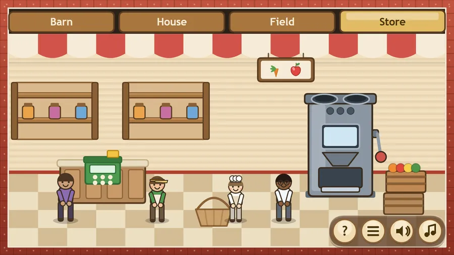 The store: jars on shelves, a green till, a basket, four shoppers and a tall food machine beside crates of fruit