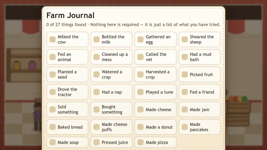 Farm Journal: 0 of 27 things found, with unticked cards from Milked the cow and Sheared the sheep to Made pizza