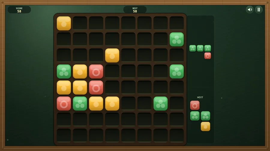 An 8x8 patch part filled with yellow, green and red squares, score and best both 58, the tray and NEXT pieces at the right