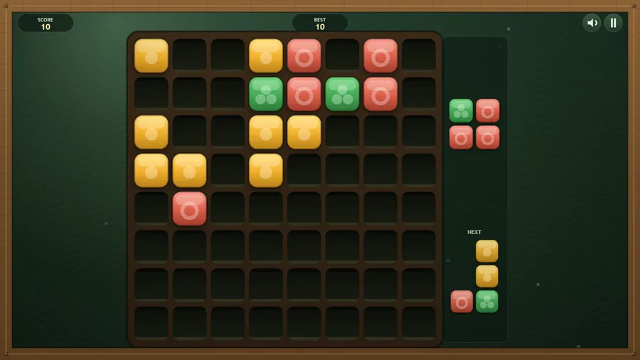 The grid filling up, score 10, with four-of-a-kind clearings leaving gaps among yellow, green and red tiles.