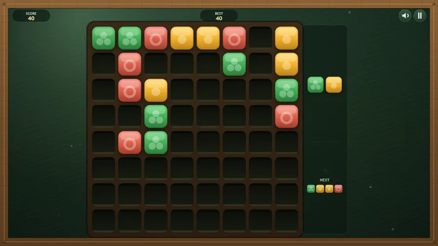 Score 40 with the left columns packed and a tray piece of green and yellow tiles ready to place.