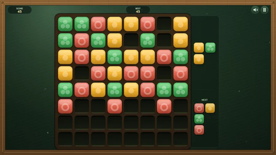 A crowded board at score 45, with only a few gaps left and a three-tile piece waiting at the right.