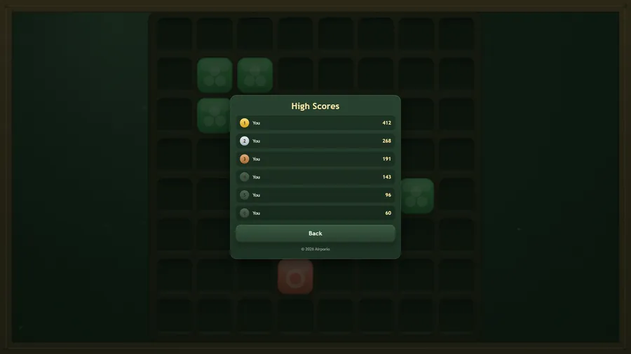 High Scores list of six entries for You: 412, 268, 191, 143, 96 and 60, with a Back button