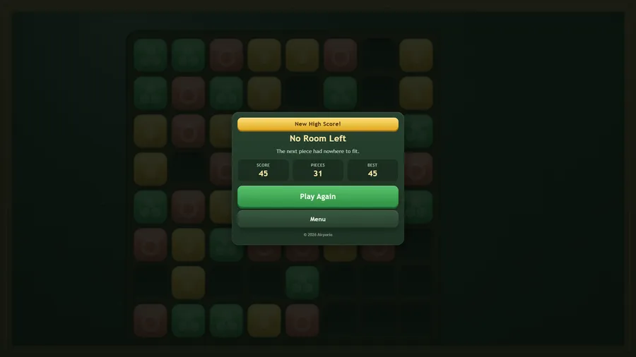 The "No Room Left" card with a New High Score: 45 points, 31 pieces, with Play Again and Menu buttons.