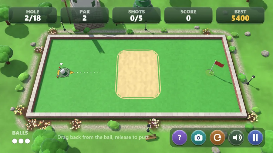 Hole 2/18, par 2: a walled 3D green with a big sand patch between the ball's aim line and the red flag, three balls left